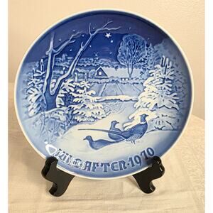 Vtg. Copenhagen Porcelain Plate Pheasants in the Snow at Christmas 1970 Blue